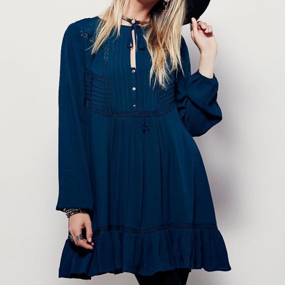 Free People Dresses & Skirts - Free People sweet treat dress teal gauze button mini dress long sleeve Large